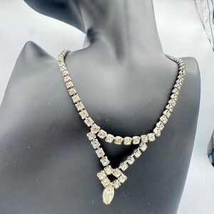 Vintage Rhinestone Necklace Silver Tone Marquise Drop V Shape Bridal 15in